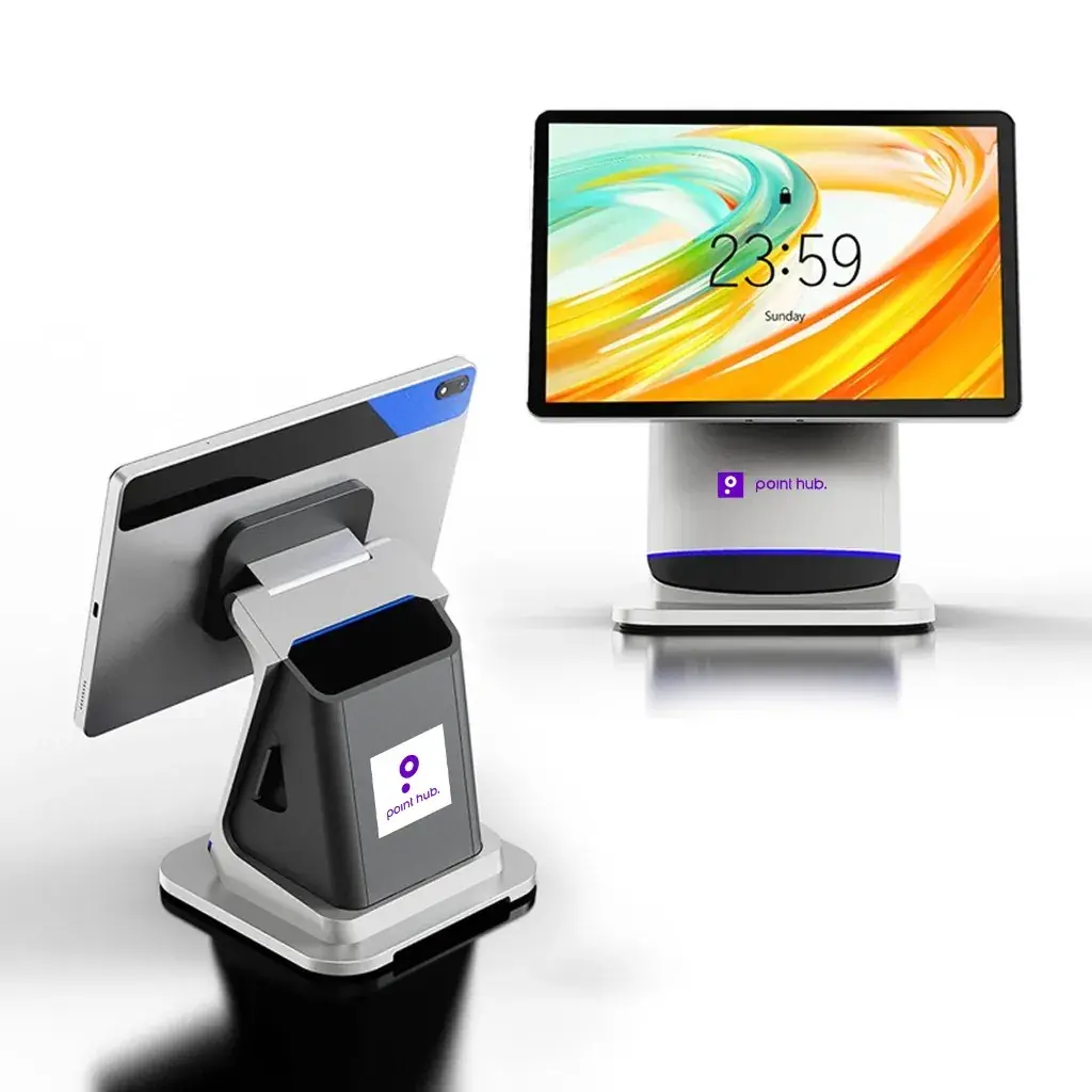 Point hub coffee shop POS on a tablet stand and a counter display